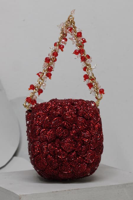 Buy_Doux Amour_Red Beads, Embroidery Coco Crystal Embellished Airpod Bag _Online_at_Aza_Fashions