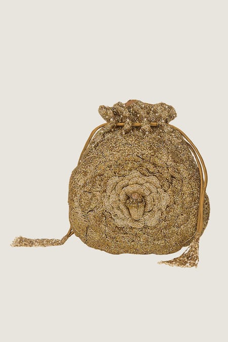 Doux Amour_Gold Embroidery, Beads, Applique Bella Embellished Potli _Online_at_Aza_Fashions