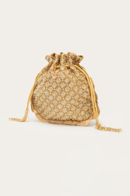 Shop Doux Amour Gold Embellished Bella Ombre Applique Potli at Aza Fashions Shop_Doux Amour_Gold Embellished Bella Ombre Applique Potli _at_Aza_Fashions