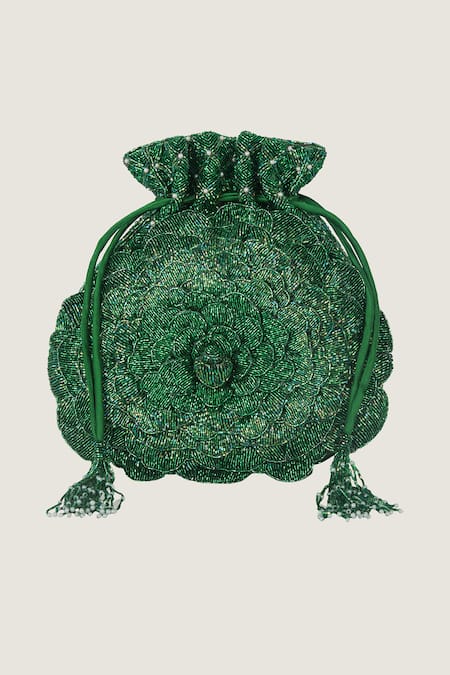 Doux Amour Green Beads, Pearls Bella Floral Applique Potli Online at Aza Fashions Doux Amour_Green Beads, Pearls Bella Floral Applique Potli _Online_at_Aza_Fashions