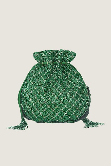 Shop Doux Amour Green Beads, Pearls Bella Floral Applique Potli at Aza Fashions Shop_Doux Amour_Green Beads, Pearls Bella Floral Applique Potli _at_Aza_Fashions