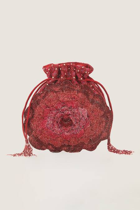 Doux Amour_Red Beads, Embroidery Bella Crystal Applique Potli _Online_at_Aza_Fashions