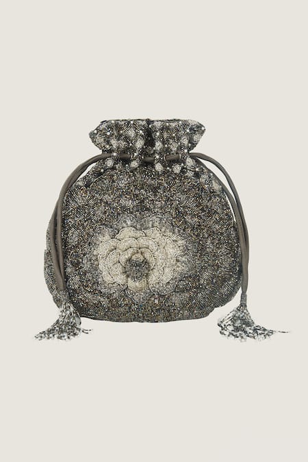 Doux Amour_Silver Embellished Bella Applique Floral Potli _Online_at_Aza_Fashions