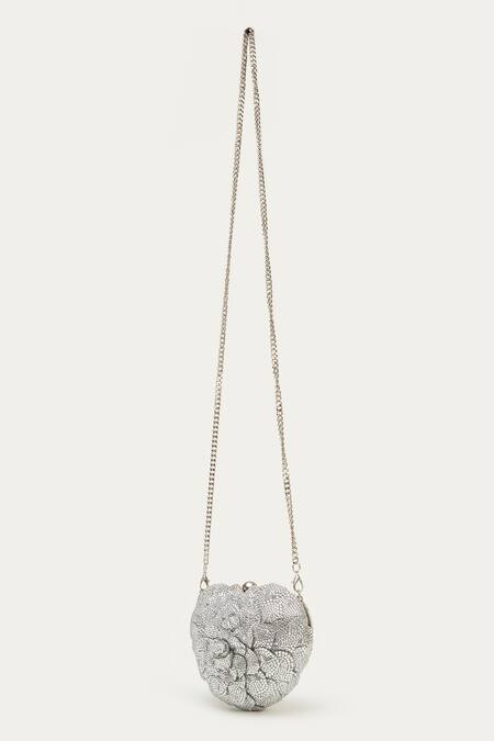 Doux Amour_Silver Crystals, Applique Isa Floral Embellished Heart Bag _Online_at_Aza_Fashions