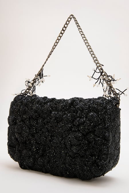 Doux Amour Black Embellished Coco Double Rose Bag