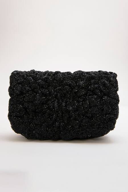 Doux Amour_Black Embellished Coco Double Rose Bag _Online_at_Aza_Fashions