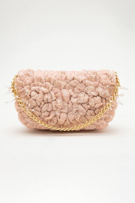 Doux Amour_Pink Embellished Coco Double Rose Bead Bag _Online_at_Aza_Fashions