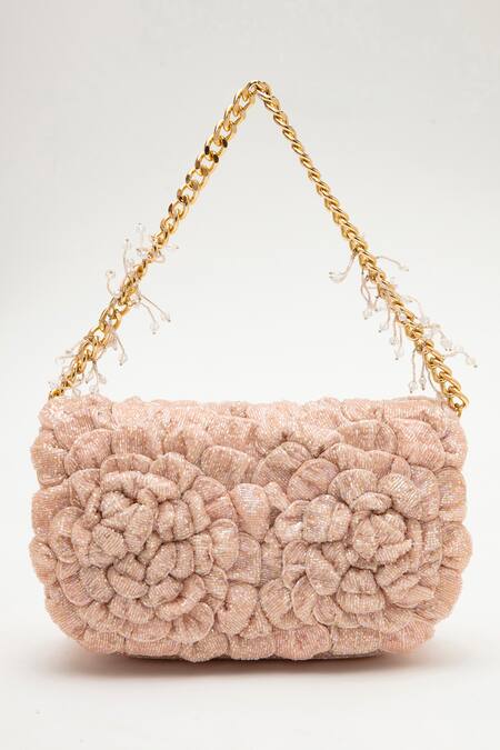 Buy_Doux Amour_Pink Embellished Coco Double Rose Bead Bag _Online_at_Aza_Fashions