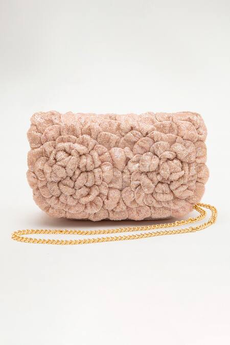 Shop_Doux Amour_Pink Embellished Coco Double Rose Bead Bag _Online_at_Aza_Fashions