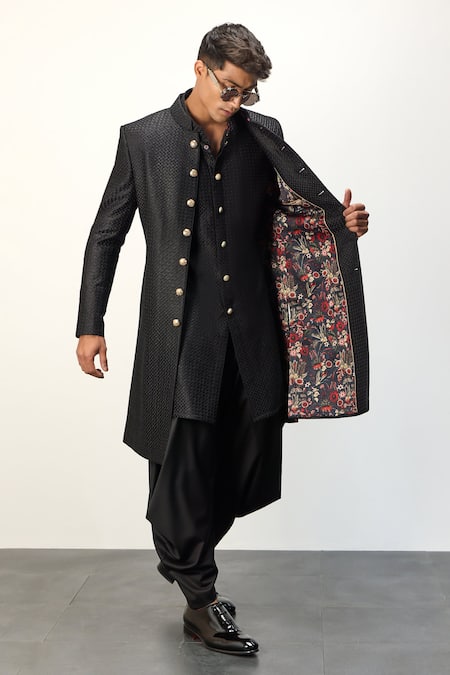 Arjan Dugal Black Chanderi Silk Printed Floral Embroidered Achkan Jacket With Dhoti Pant Set 