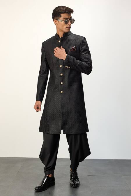 Arjan Dugal Black Cotton Satin, Chanderi Silk Metallic Achkan Jacket With Dhoti Pant Set Online at Aza Fashions Arjan Dugal_Black Cotton Satin, Chanderi Silk Metallic Achkan Jacket With Dhoti Pant Set _Online_at_Aza_Fashions