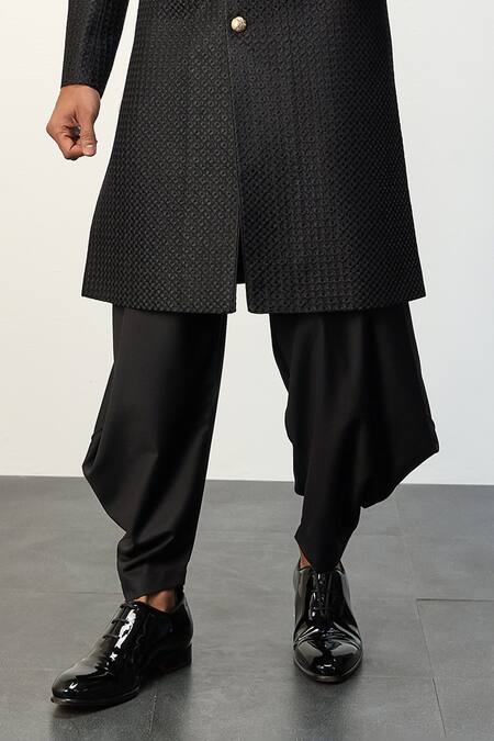 Buy Arjan Dugal Black Cotton Satin, Chanderi Silk Metallic Achkan Jacket With Dhoti Pant Set Online at Aza Fashions Buy_Arjan Dugal_Black Cotton Satin, Chanderi Silk Metallic Achkan Jacket With Dhoti Pant Set _Online_at_Aza_Fashions