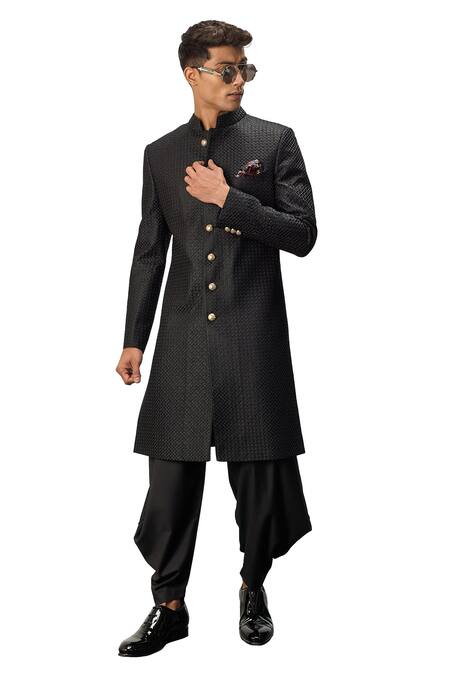 Shop Arjan Dugal Black Cotton Satin, Chanderi Silk Metallic Achkan Jacket With Dhoti Pant Set Online at Aza Fashions Shop_Arjan Dugal_Black Cotton Satin, Chanderi Silk Metallic Achkan Jacket With Dhoti Pant Set _Online_at_Aza_Fashions