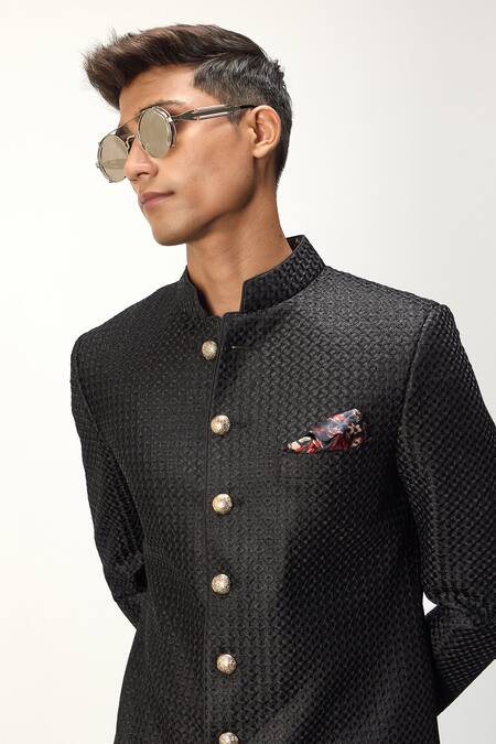 Arjan Dugal Black Cotton Satin, Chanderi Silk Metallic Achkan Jacket With Dhoti Pant Set at Aza Fashions Arjan Dugal_Black Cotton Satin, Chanderi Silk Metallic Achkan Jacket With Dhoti Pant Set _at_Aza_Fashions