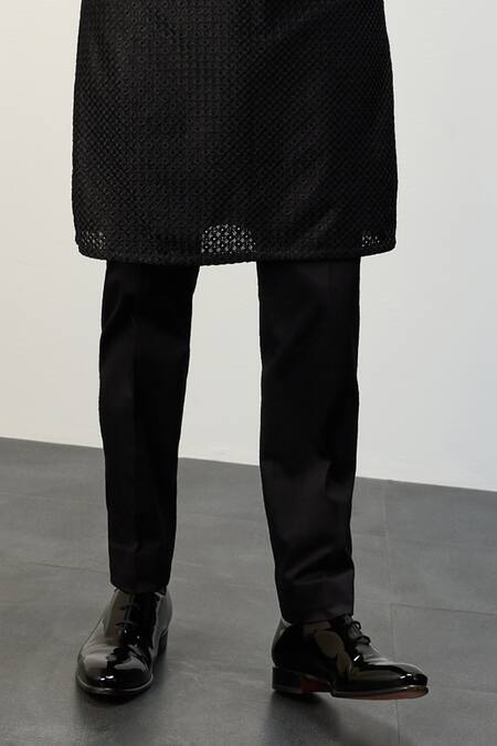 Arjan Dugal Black Cotton Satin, Chanderi Silk Embroidery Straight Kurta And Pant Set Online at Aza Fashions Arjan Dugal_Black Cotton Satin, Chanderi Silk Embroidery Straight Kurta And Pant Set _Online_at_Aza_Fashions