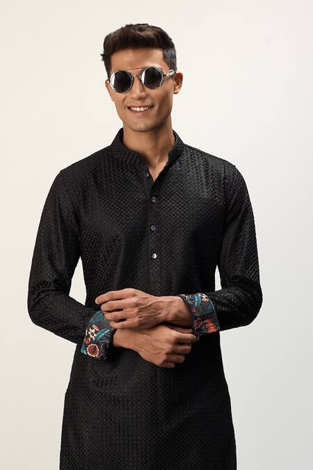Buy Arjan Dugal Black Cotton Satin, Chanderi Silk Embroidery Straight Kurta And Pant Set Online at Aza Fashions Buy_Arjan Dugal_Black Cotton Satin, Chanderi Silk Embroidery Straight Kurta And Pant Set _Online_at_Aza_Fashions