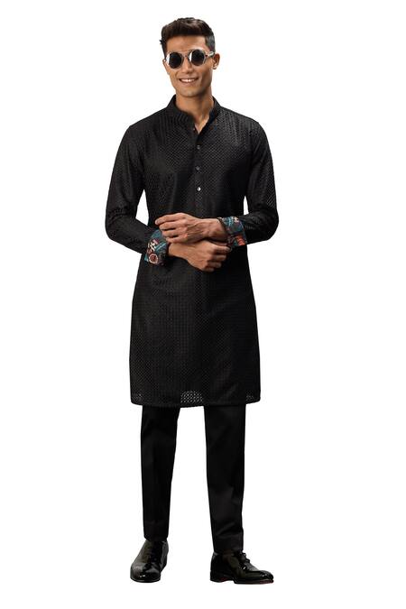 Shop Arjan Dugal Black Cotton Satin, Chanderi Silk Embroidery Straight Kurta And Pant Set Online at Aza Fashions Shop_Arjan Dugal_Black Cotton Satin, Chanderi Silk Embroidery Straight Kurta And Pant Set _Online_at_Aza_Fashions