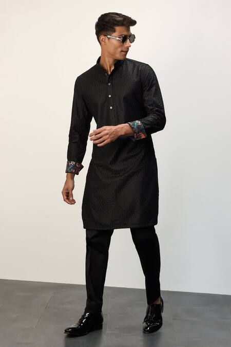 Buy Arjan Dugal Black Cotton Satin, Chanderi Silk Embroidery Straight Kurta And Pant Set Buy_Arjan Dugal_Black Cotton Satin, Chanderi Silk Embroidery Straight Kurta And Pant Set