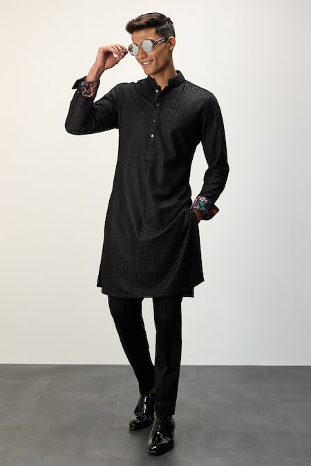 Shop Arjan Dugal Black Cotton Satin, Chanderi Silk Embroidery Straight Kurta And Pant Set at Aza Fashions Shop_Arjan Dugal_Black Cotton Satin, Chanderi Silk Embroidery Straight Kurta And Pant Set _at_Aza_Fashions