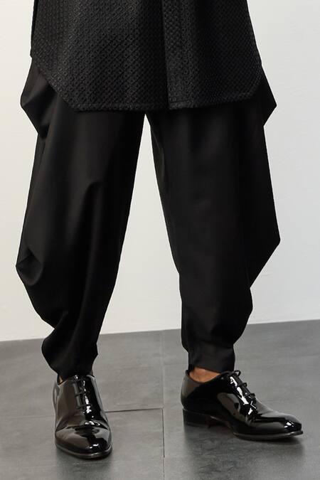 Arjan Dugal Black Satin, Chanderi Silk, Short Kurta And Dhoti Pant Set Online at Aza Fashions Arjan Dugal_Black Satin, Chanderi Silk, Short Kurta And Dhoti Pant Set _Online_at_Aza_Fashions