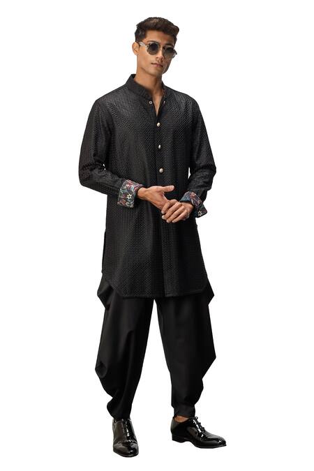 Buy Arjan Dugal Black Satin, Chanderi Silk, Short Kurta And Dhoti Pant Set Online at Aza Fashions Buy_Arjan Dugal_Black Satin, Chanderi Silk, Short Kurta And Dhoti Pant Set _Online_at_Aza_Fashions
