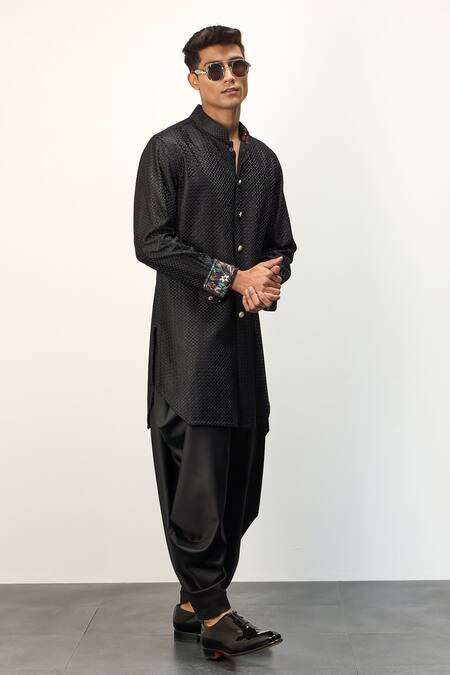 Shop Arjan Dugal Black Satin, Chanderi Silk, Short Kurta And Dhoti Pant Set Online at Aza Fashions Shop_Arjan Dugal_Black Satin, Chanderi Silk, Short Kurta And Dhoti Pant Set _Online_at_Aza_Fashions