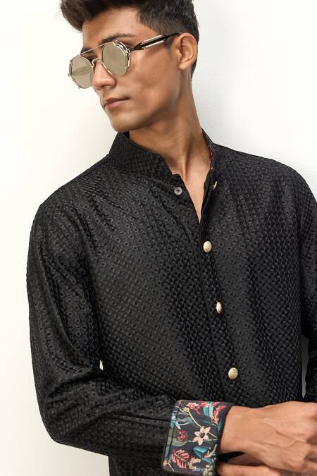 Arjan Dugal Black Satin, Chanderi Silk, Short Kurta And Dhoti Pant Set at Aza Fashions Arjan Dugal_Black Satin, Chanderi Silk, Short Kurta And Dhoti Pant Set _at_Aza_Fashions