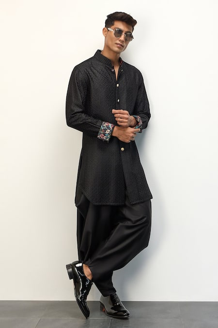 Shop Arjan Dugal Black Satin, Chanderi Silk, Short Kurta And Dhoti Pant Set at Aza Fashions Shop_Arjan Dugal_Black Satin, Chanderi Silk, Short Kurta And Dhoti Pant Set _at_Aza_Fashions