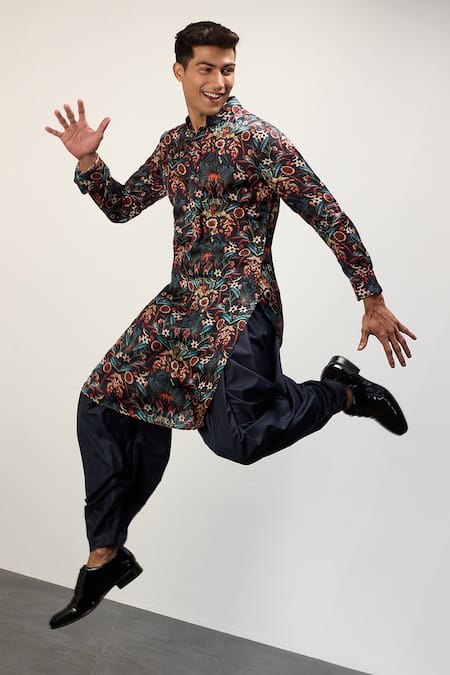 Arjan Dugal Blue Modal Printed Floral Botanical Kurta And Dhoti Pant Set Online at Aza Fashions Arjan Dugal_Blue Modal Printed Floral Botanical Kurta And Dhoti Pant Set _Online_at_Aza_Fashions