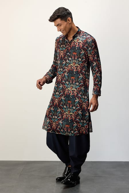 Shop Arjan Dugal Blue Modal Printed Floral Botanical Kurta And Dhoti Pant Set at Aza Fashions Shop_Arjan Dugal_Blue Modal Printed Floral Botanical Kurta And Dhoti Pant Set _at_Aza_Fashions