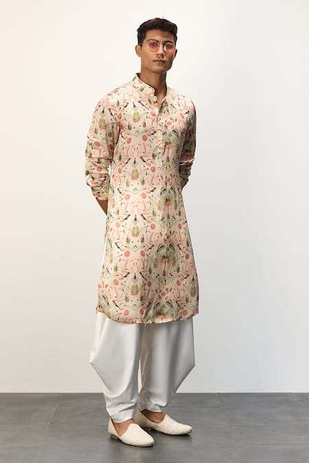 Shop Arjan Dugal Peach Modal Printed Floral Botanical Pattern Kurta And Dhoti Pant Set at Aza Fashions Shop_Arjan Dugal_Peach Modal Printed Floral Botanical Pattern Kurta And Dhoti Pant Set _at_Aza_Fashions