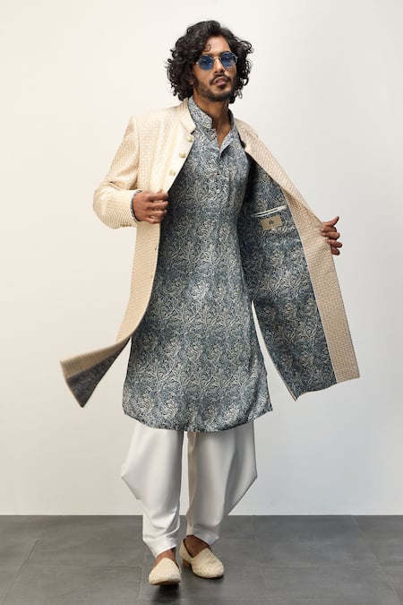 Arjan Dugal Beige Chanderi Silk Printed Thread Embroidered Achkan Jacket With Dhoti Pant Set 