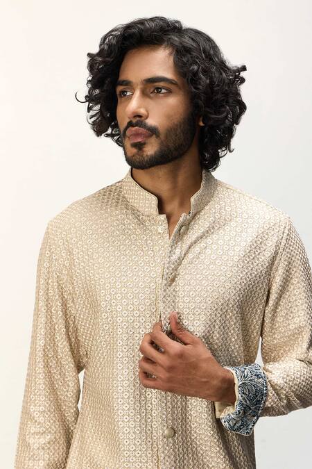 Arjan Dugal Beige Cotton Satin, Chanderi Silk Embroidery Short Kurta And Pant Set Online at Aza Fashions Arjan Dugal_Beige Cotton Satin, Chanderi Silk Embroidery Short Kurta And Pant Set _Online_at_Aza_Fashions