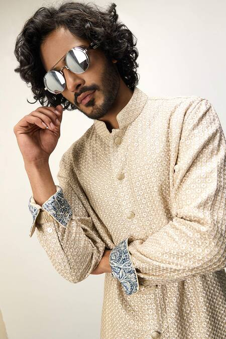 Buy Arjan Dugal Beige Cotton Satin, Chanderi Silk Embroidery Short Kurta And Pant Set Online at Aza Fashions Buy_Arjan Dugal_Beige Cotton Satin, Chanderi Silk Embroidery Short Kurta And Pant Set _Online_at_Aza_Fashions