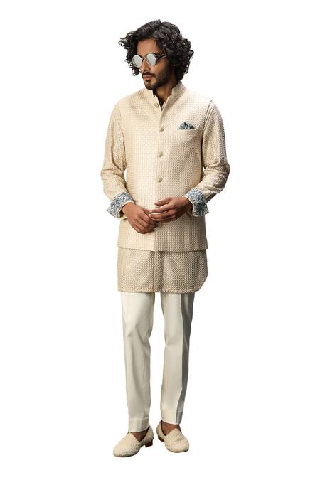 Arjan Dugal Beige Cotton Satin, Chanderi Silk Embroidery Floral Nehru Jacket Set Online at Aza Fashions Arjan Dugal_Beige Cotton Satin, Chanderi Silk Embroidery Floral Nehru Jacket Set _Online_at_Aza_Fashions