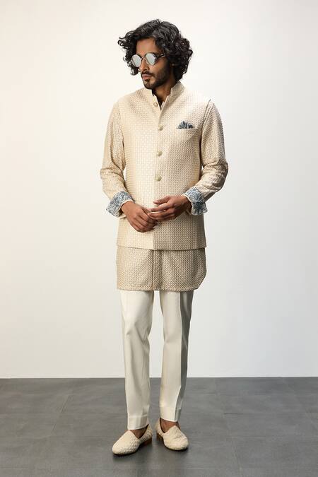 Buy Arjan Dugal Beige Cotton Satin, Chanderi Silk Embroidery Floral Nehru Jacket Set Online at Aza Fashions Buy_Arjan Dugal_Beige Cotton Satin, Chanderi Silk Embroidery Floral Nehru Jacket Set _Online_at_Aza_Fashions
