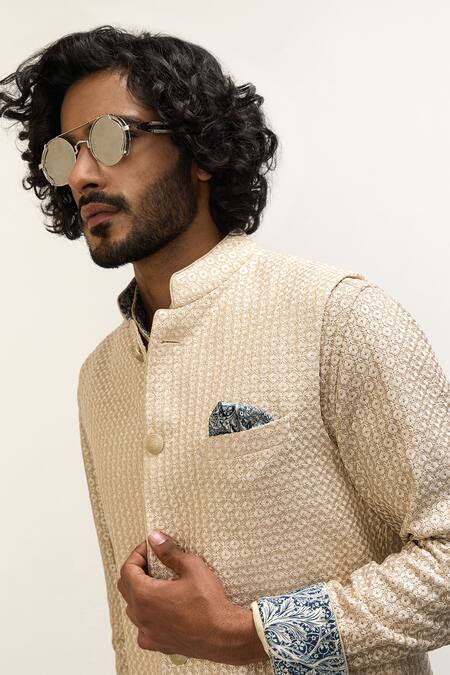 Shop Arjan Dugal Beige Cotton Satin, Chanderi Silk Embroidery Floral Thread Nehru Jacket Online at Aza Fashions Shop_Arjan Dugal_Beige Cotton Satin, Chanderi Silk Embroidery Floral Thread Nehru Jacket _Online_at_Aza_Fashions