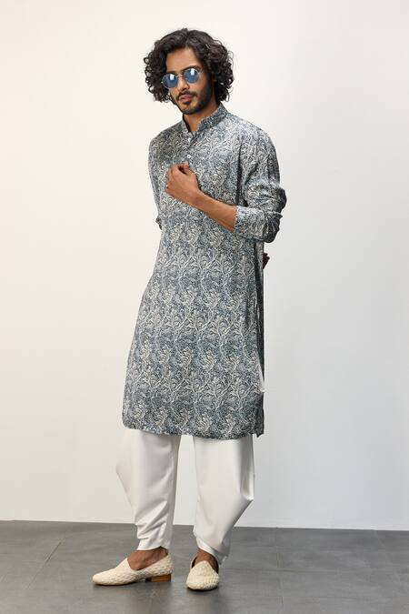 Arjan Dugal_Blue Modal, Terrycloth Floral Print Kurta And Dhoti Pant Set _Online_at_Aza_Fashions
