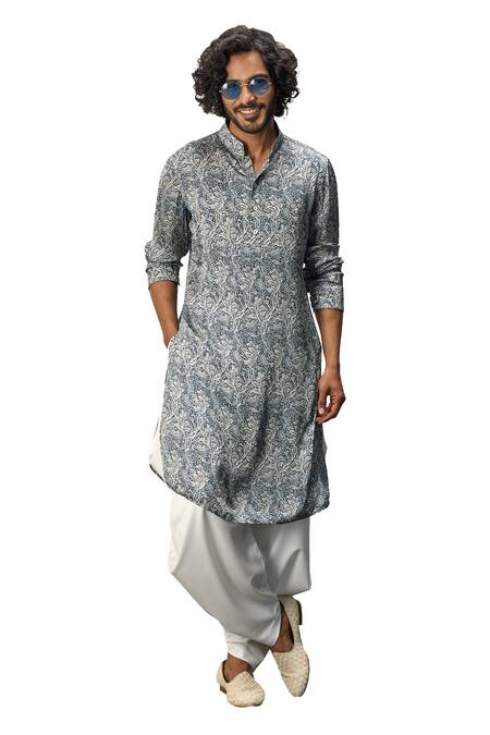 Buy_Arjan Dugal_Blue Modal, Terrycloth Floral Print Kurta And Dhoti Pant Set _Online_at_Aza_Fashions