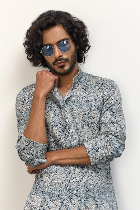Shop_Arjan Dugal_Blue Modal, Terrycloth Floral Print Kurta And Dhoti Pant Set _Online_at_Aza_Fashions