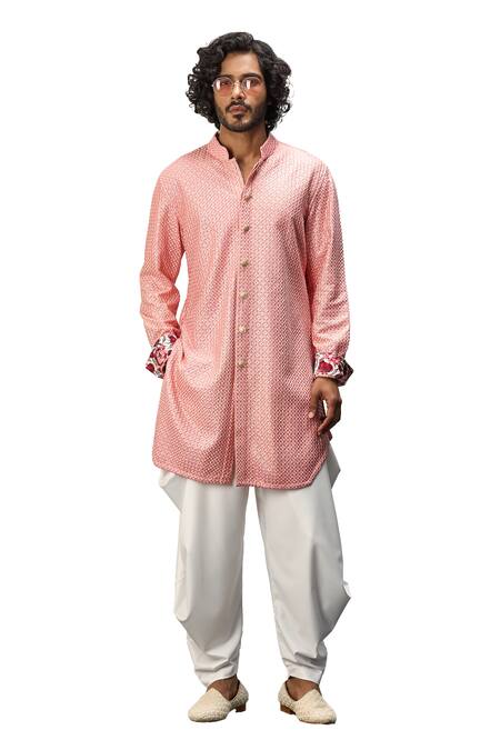 Arjan Dugal Pink Cotton Satin, Chanderi Silk, Floral Print Short Kurta And Dhoti Pant Set Online at Aza Fashions Arjan Dugal_Pink Cotton Satin, Chanderi Silk, Floral Print Short Kurta And Dhoti Pant Set _Online_at_Aza_Fashions