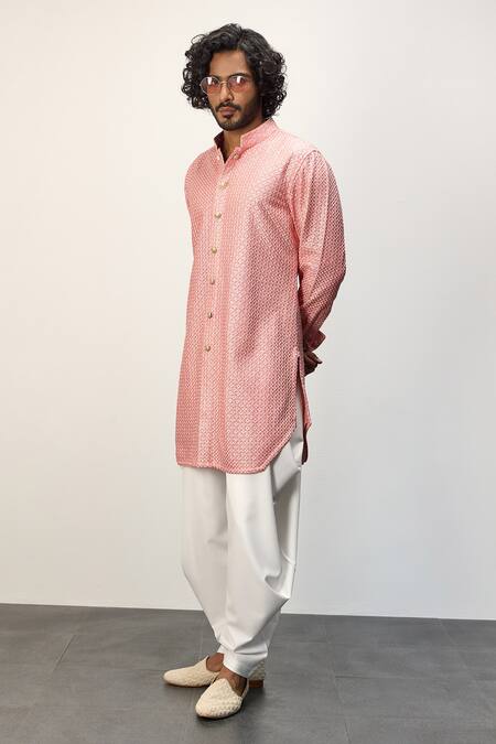 Buy Arjan Dugal Pink Cotton Satin, Chanderi Silk, Floral Print Short Kurta And Dhoti Pant Set Online at Aza Fashions Buy_Arjan Dugal_Pink Cotton Satin, Chanderi Silk, Floral Print Short Kurta And Dhoti Pant Set _Online_at_Aza_Fashions