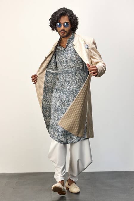 Arjan Dugal_Beige Cotton Satin, Chanderi Silk Thread Work Achkan Jacket With Dhoti Pant Set _Online_at_Aza_Fashions