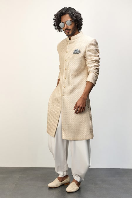 Buy_Arjan Dugal_Beige Cotton Satin, Chanderi Silk Thread Work Achkan Jacket With Dhoti Pant Set _Online_at_Aza_Fashions