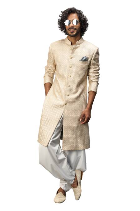 Shop_Arjan Dugal_Beige Cotton Satin, Chanderi Silk Thread Work Achkan Jacket With Dhoti Pant Set _Online_at_Aza_Fashions