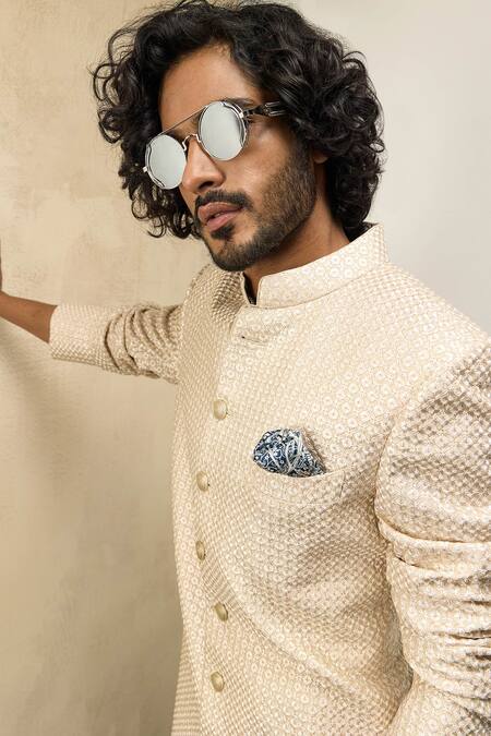 Arjan Dugal_Beige Cotton Satin, Chanderi Silk Thread Work Achkan Jacket With Dhoti Pant Set _at_Aza_Fashions
