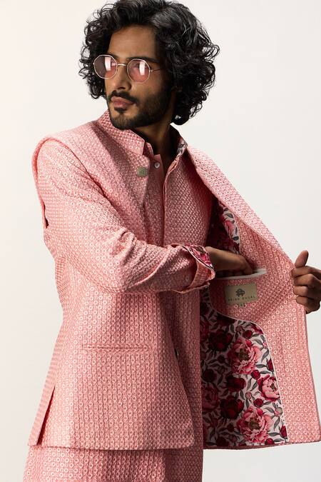 Arjan Dugal Pink Satin, Chanderi Silk, Embroidery, Floral Nehru Jacket Set Online at Aza Fashions Arjan Dugal_Pink Satin, Chanderi Silk, Embroidery, Floral Nehru Jacket Set _Online_at_Aza_Fashions