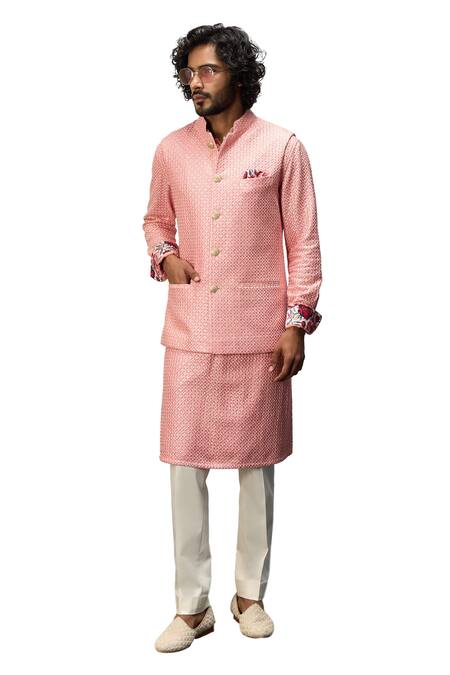 Shop Arjan Dugal Pink Satin, Chanderi Silk, Embroidery, Floral Nehru Jacket Set Online at Aza Fashions Shop_Arjan Dugal_Pink Satin, Chanderi Silk, Embroidery, Floral Nehru Jacket Set _Online_at_Aza_Fashions