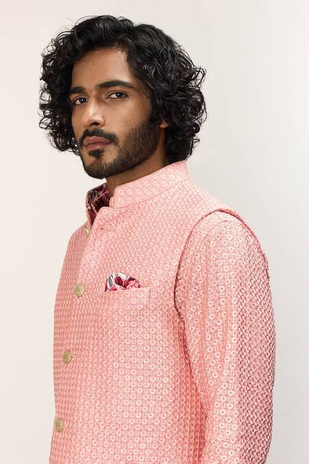 Arjan Dugal Pink Satin, Chanderi Silk, Embroidery, Floral Nehru Jacket Set at Aza Fashions Arjan Dugal_Pink Satin, Chanderi Silk, Embroidery, Floral Nehru Jacket Set _at_Aza_Fashions