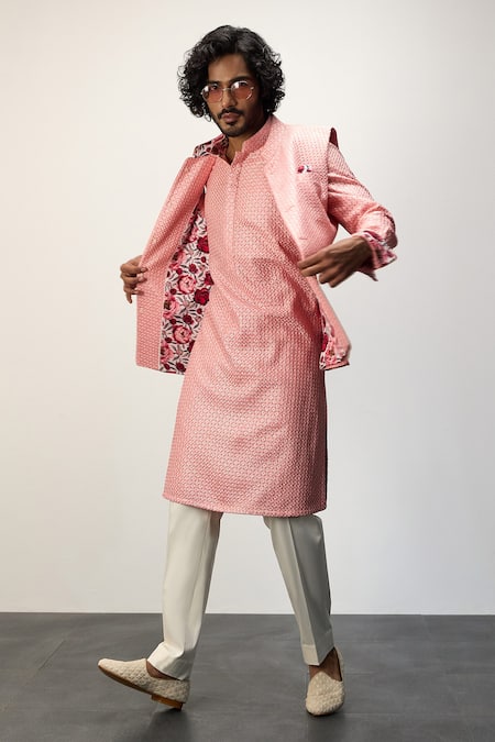 Shop Arjan Dugal Pink Satin, Chanderi Silk, Embroidery, Floral Nehru Jacket Set at Aza Fashions Shop_Arjan Dugal_Pink Satin, Chanderi Silk, Embroidery, Floral Nehru Jacket Set _at_Aza_Fashions